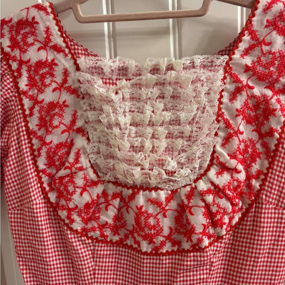Vintage Nita Smith Red Gingham Embroidered Square Dance Dress Ruffles Lace S - Picture 3 of 10